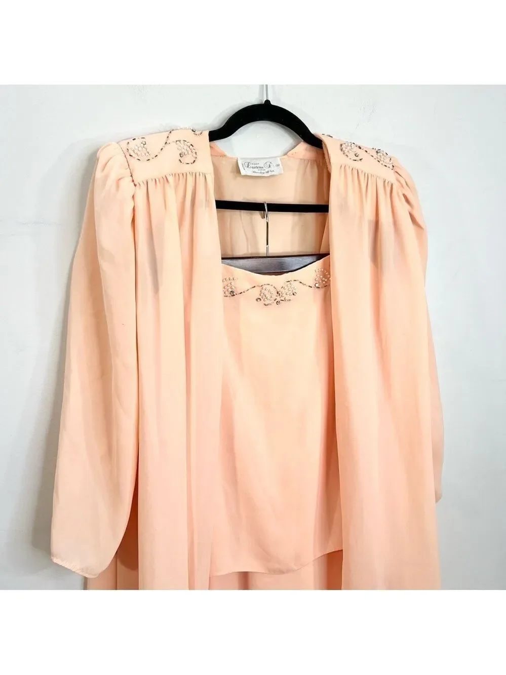 Vintage 80s union made beaded peach chiffon open jacket cami skirt set suit 16 - Picture 7 of 17
